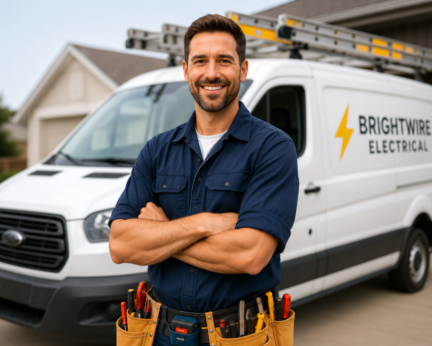 Smiling professional electrician standing in front of a branded electrical work van outside a customer's home
