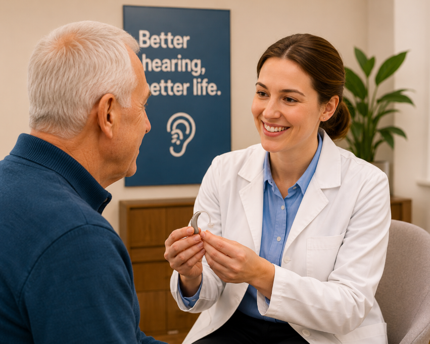 Friendly audiologist showing a hearing aid to a senior patient in a warm hearing care clinic