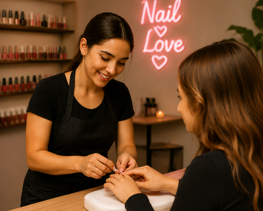 Smiling nail technician giving a manicure to a happy client in a modern nail salon with a 'Nail Love' neon sign