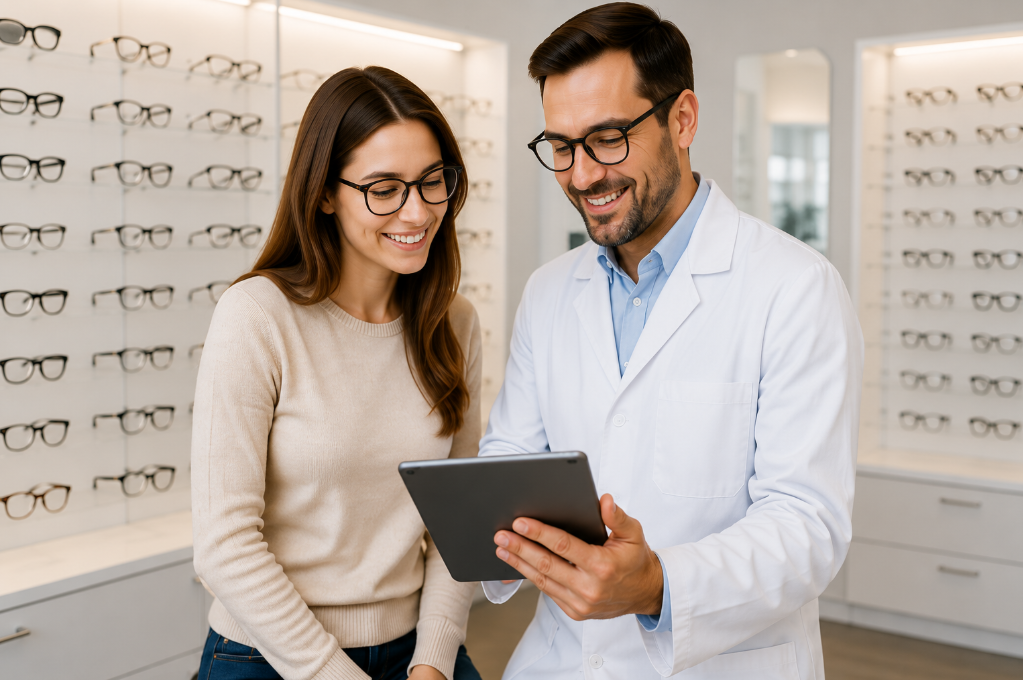 Smiling optician helping a happy customer choose new glasses inside a modern optical store