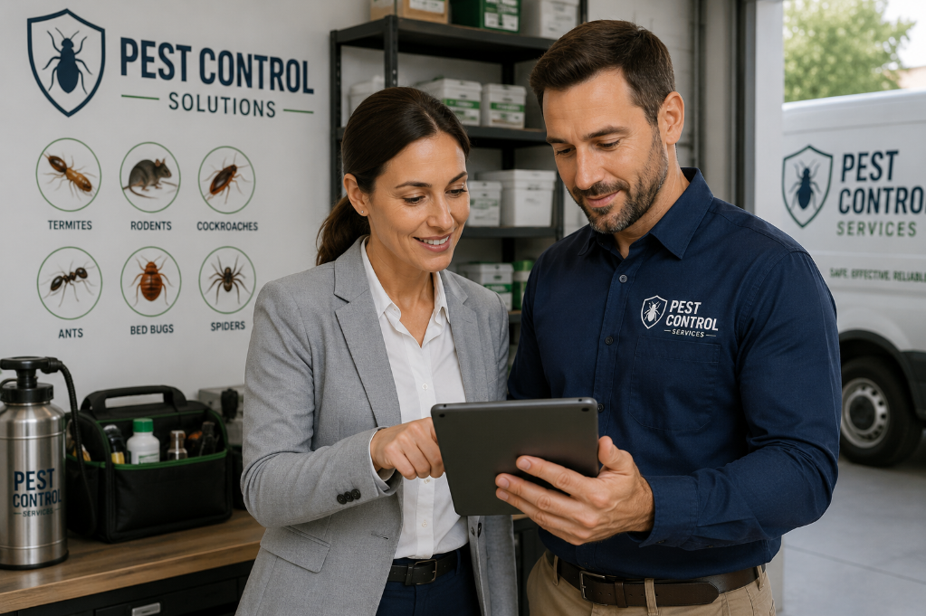 Professional pest control technician reviewing a treatment plan on a tablet with a commercial client