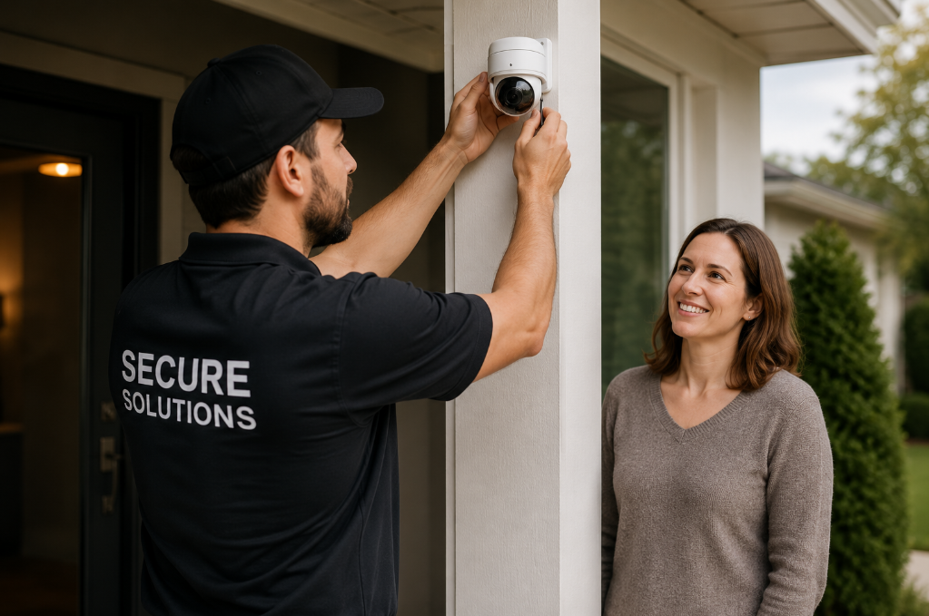 Professional security company technician installing a CCTV camera at a customer's home while the homeowner watches confidently
