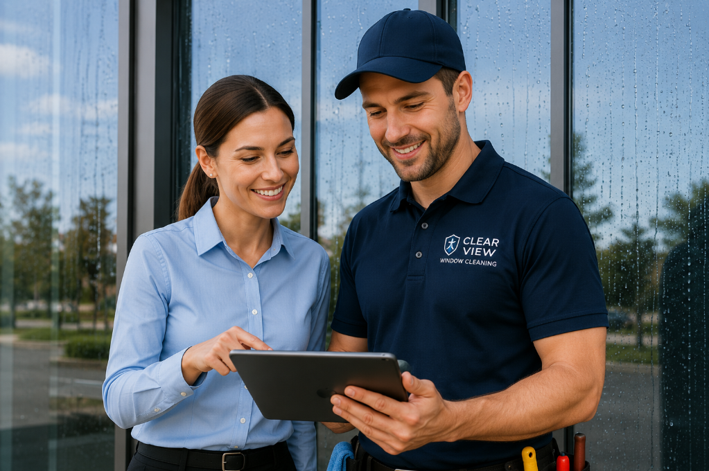Professional window cleaner reviewing a completed clean on a tablet with a business customer in front of spotless commercial windows
