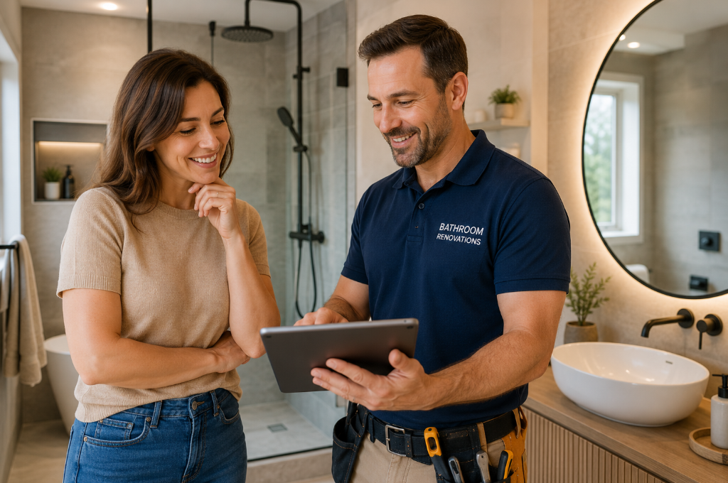 Smiling homeowner reviewing a completed luxury bathroom renovation on a tablet with her bathroom renovator