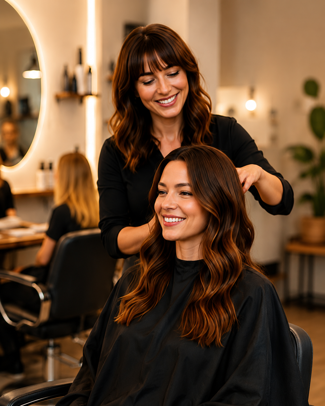 Smiling hairdresser styling a happy client's long brown hair in a modern, warm hair salon